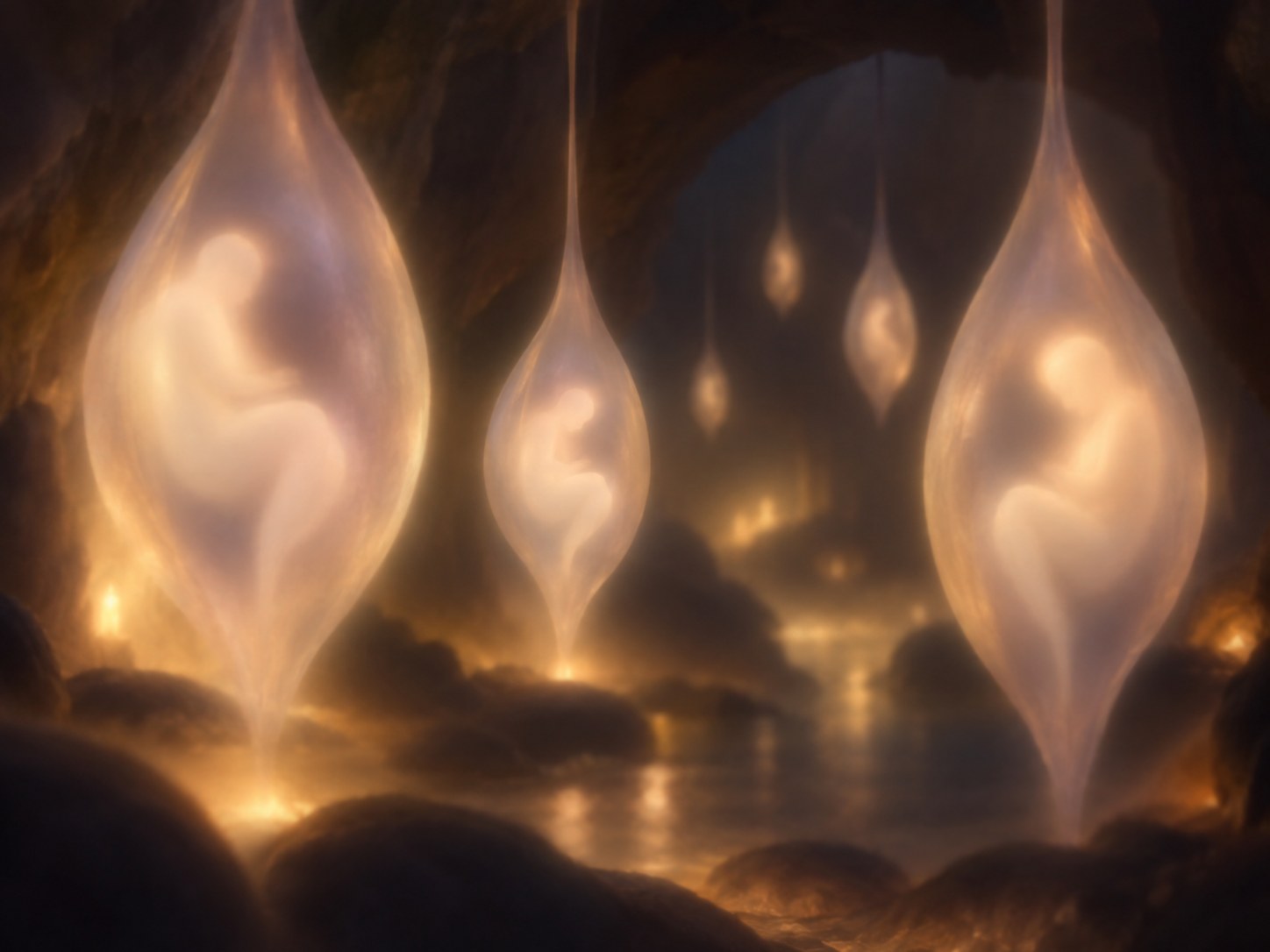 Glowing cocoons hanging in the dark